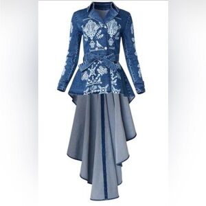 VENUS Denim Duster Trench Coat Hi-Low Printed Boho Western Festival NWOT